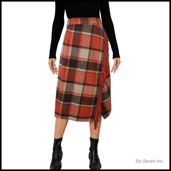 Wool Blend Wrap Skirt Midi A-Line Fringe Tartan Plaid Fall Winter Chic